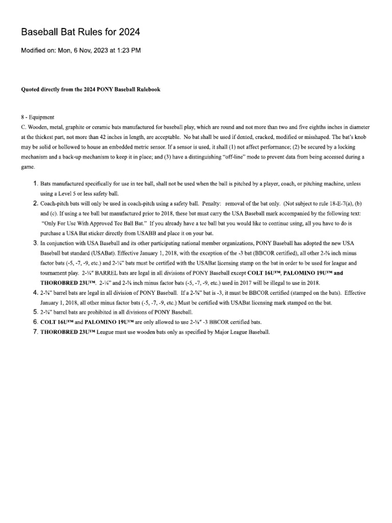 2024 Pony Bat Rules PDF