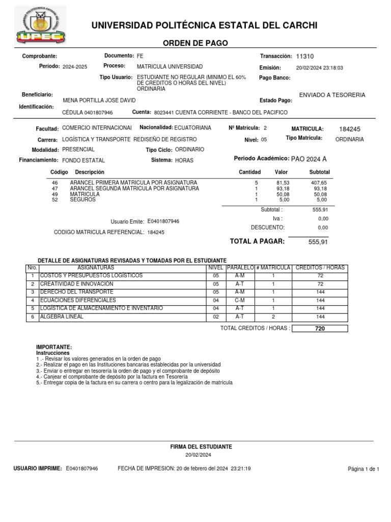 Orden de Pago Matrícula Universitaria 2024 | PDF | Business ...