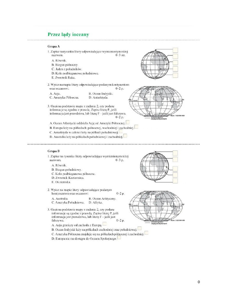 Geografia Sprawdzian Klasa 5 Geografia Klasa 5 Lądy I Oceany Ziemii Test I Kartkówka | PDF