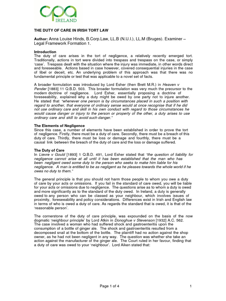 Duty of Care in Irish Tort Law | PDF | Negligence | Duty Of Care