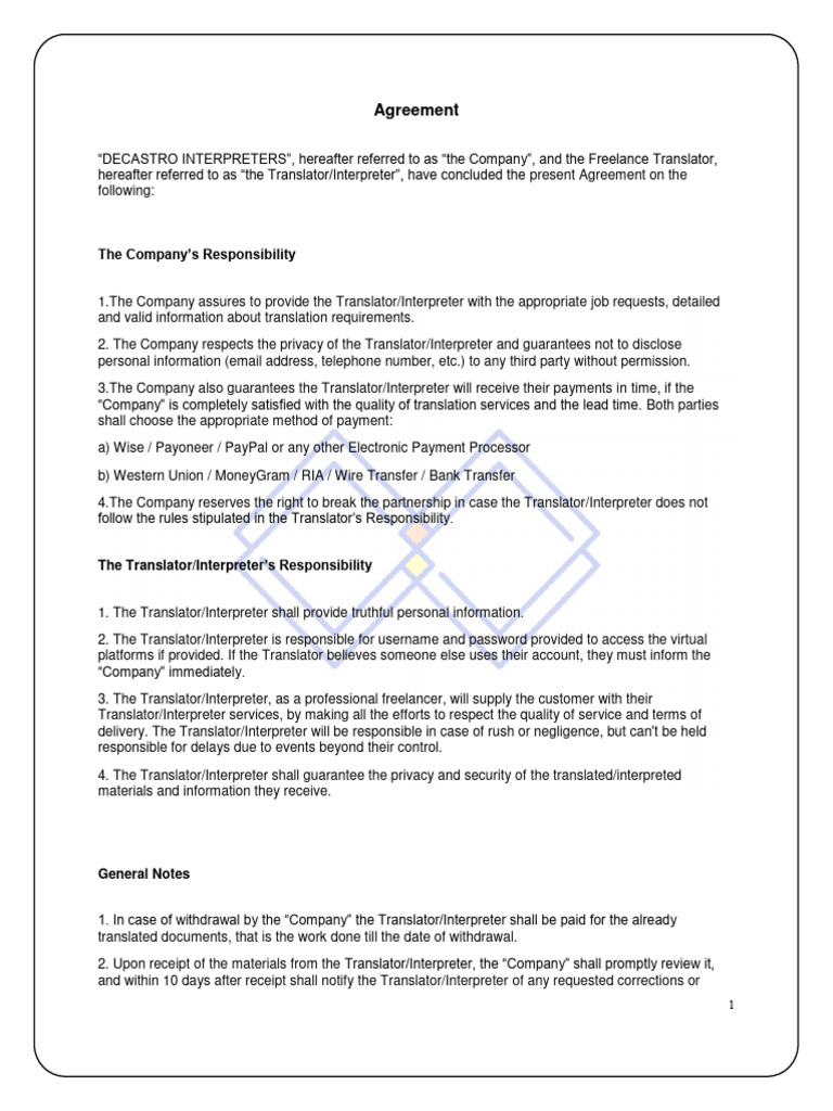 Picture of Freelance Translator/Interpreter Agreement | PDF | Finance & Money ...