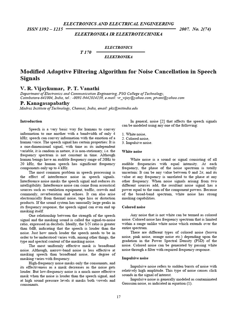 Noise Cancellation in Speech Signals | PDF | Signal Processing ...