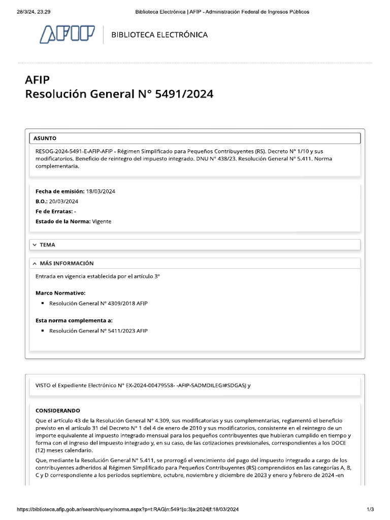 RG 5491-2024 AFIP Beneficio de Reintegro Del Impuesto Integrado | PDF