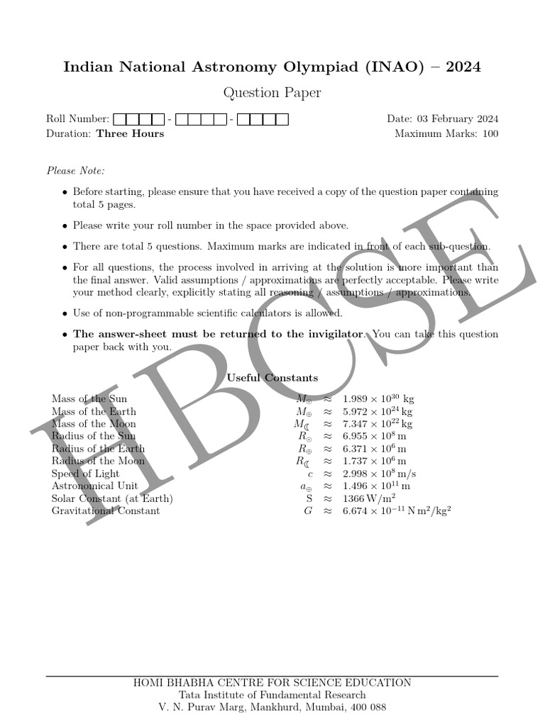 INAO 2024 Astronomy Olympiad Paper | PDF | Moon | Solar System