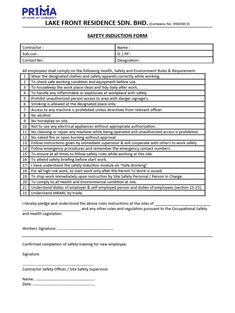 Construction Site Safety Induction Form | PDF | Career & Growth ...