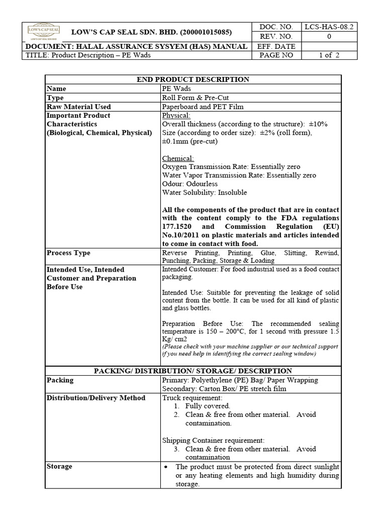 PE Wads Product Description Guide | PDF | Packaging And Labeling | Humidity