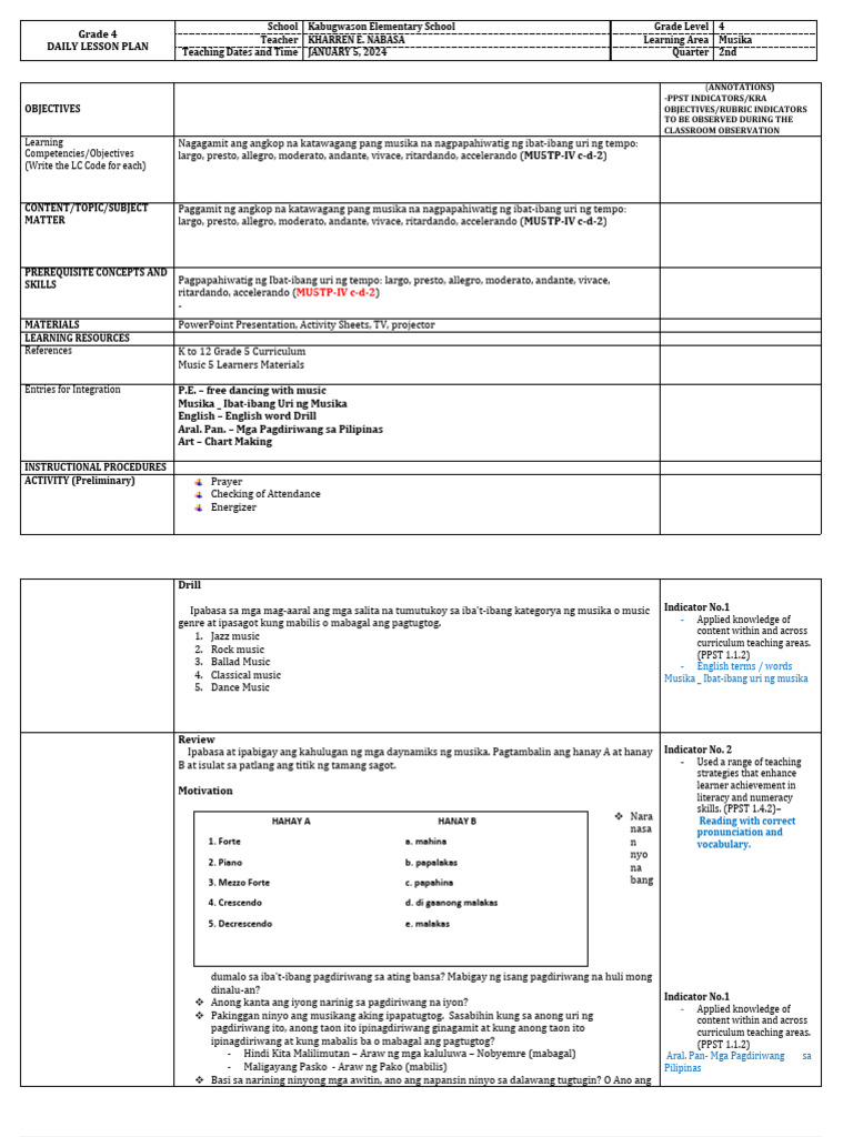 New Normal Demo Plan - Musika 5 - Q4 Week 2 - Ibat-Ibang Uri NG Tempo | PDF