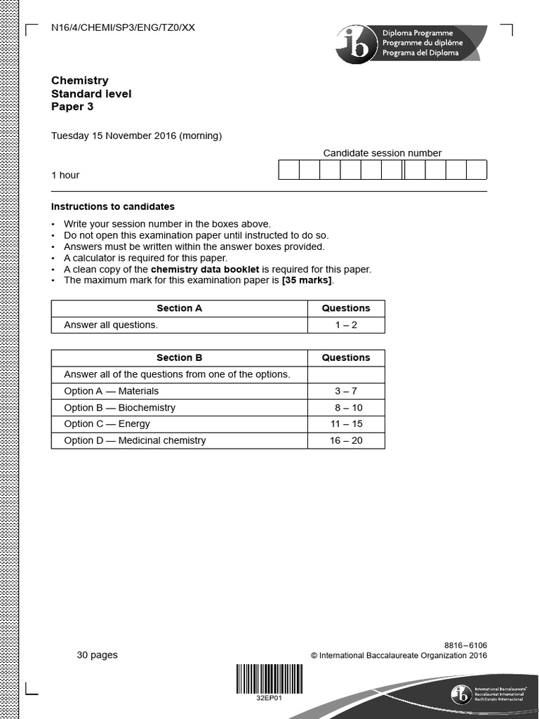 IB Chemistry Paper 3 Exam November 2016 | PDF | Cooking Oil | Fat