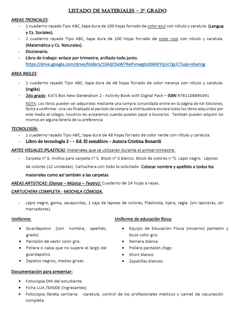 Listado de Materiales 2° - 2024 | PDF | Color | Implementos de escritura
