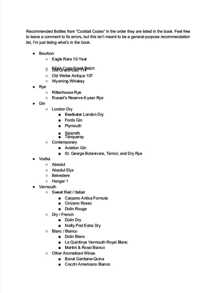 Cocktail Codex Recommended Bottles | PDF | Distilled Drinks | Distillation