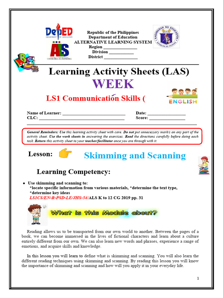 Skimming and Scanning Techniques Guide | PDF | Speed Reading | Human ...