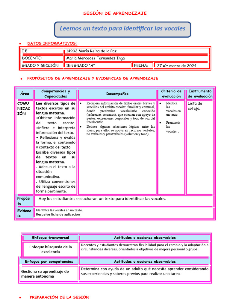 Sesión de Aprendizaje: Vocales 1er Grado | PDF | Evaluación | Aprendizaje