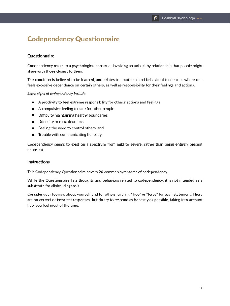 Codependency Questionnaire PDF Feeling Social Psychology