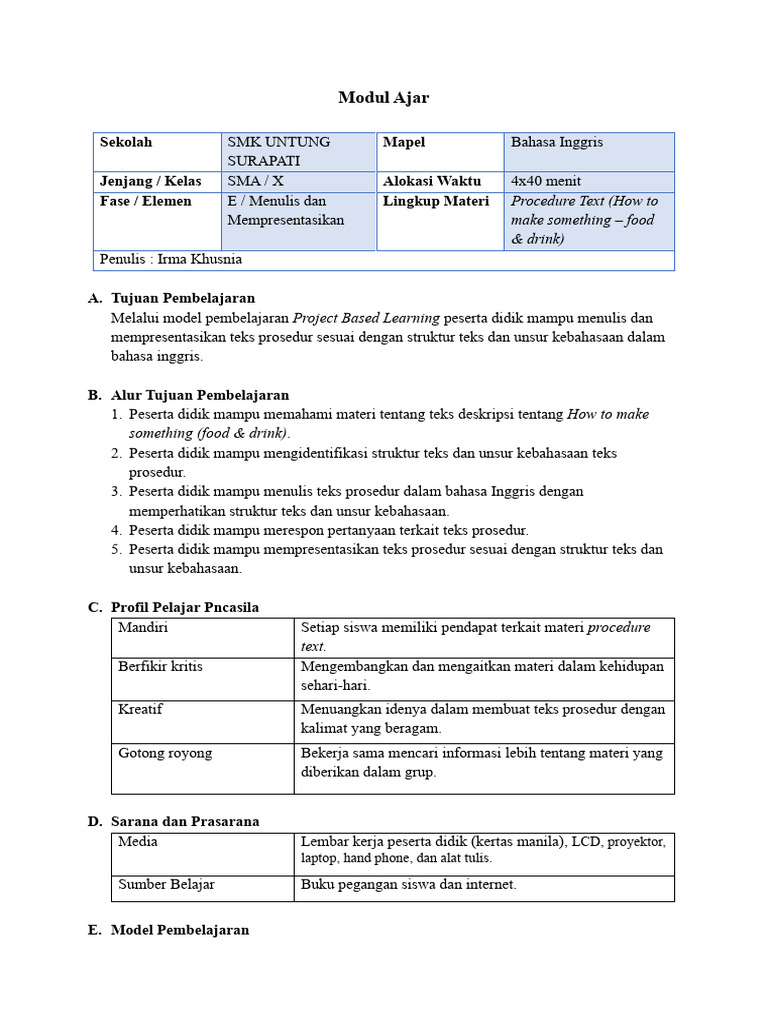 Modul Ajar Procedure Text (X) Irma Khusnia | PDF