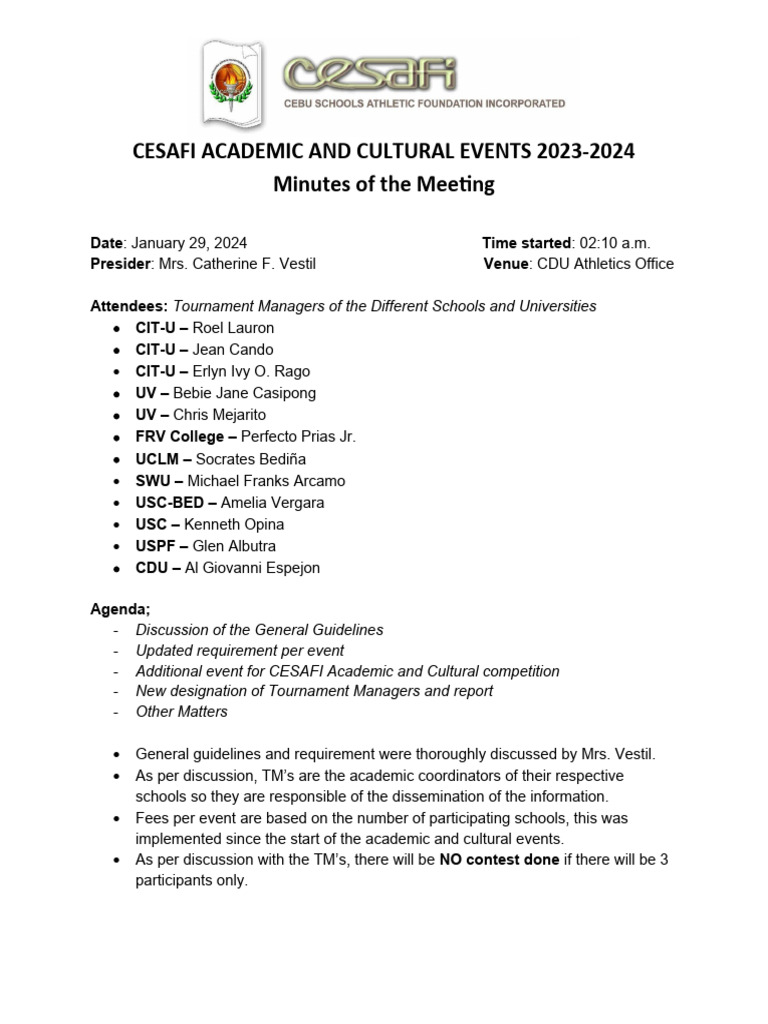 Minutes of The Meeting CESAFI ACADEMIC AND CULTURAL EVENTS 2024 | PDF ...