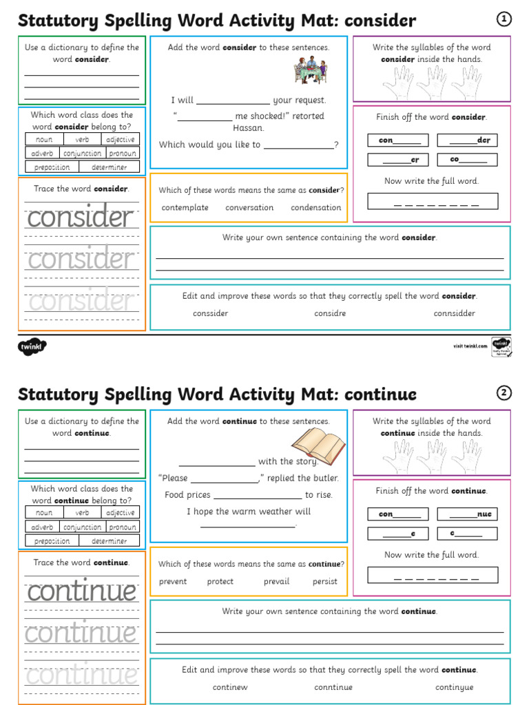 Spelling Activity: Consider, Continue, Decide | PDF | Word | Part Of Speech