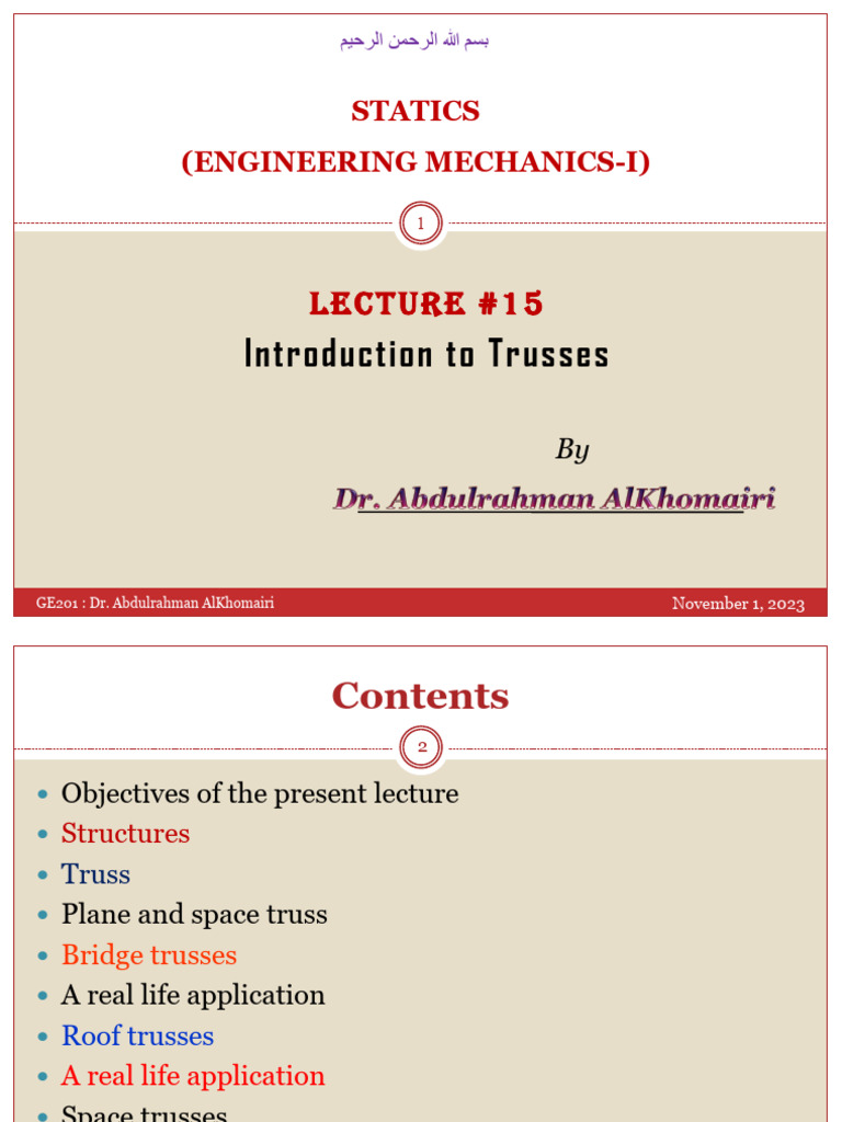 Ge 201 Lecture 15 Introduction To Trusses Pdf Truss Bridge