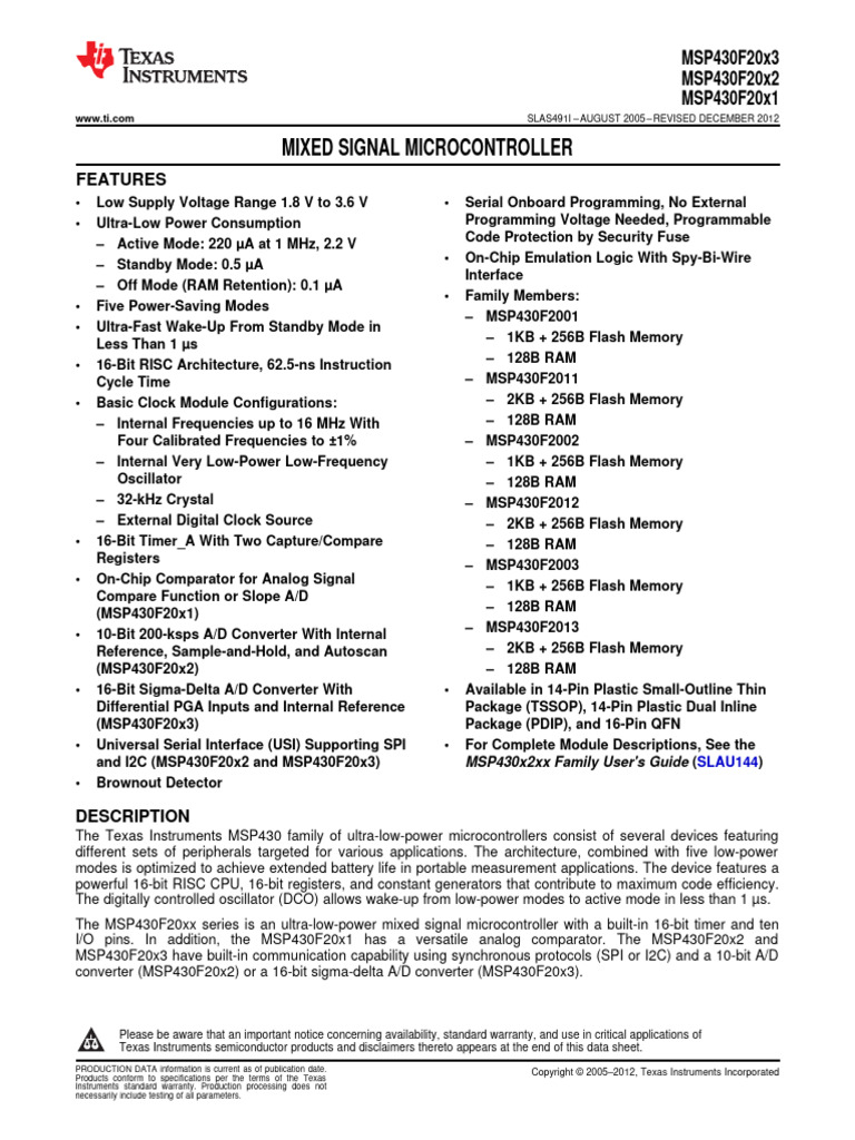 MSP 430 F 2013 | PDF | Analog To Digital Converter | Microcontroller
