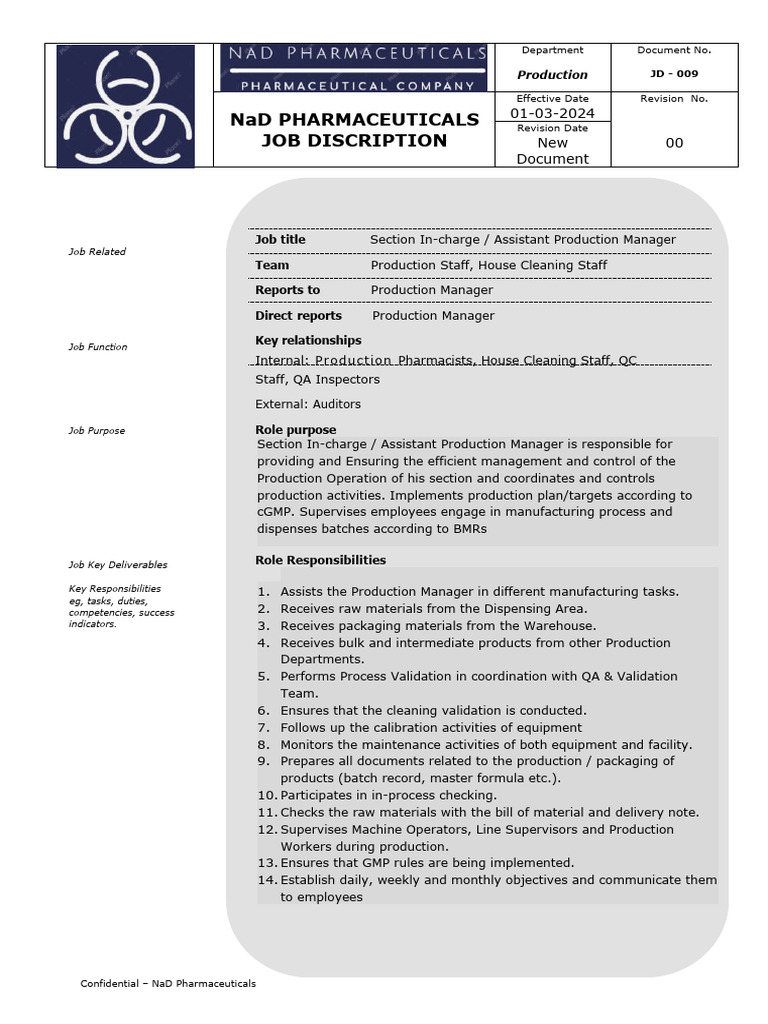 JD-009 Job Discription of Section Incharge - Assistant Production ...
