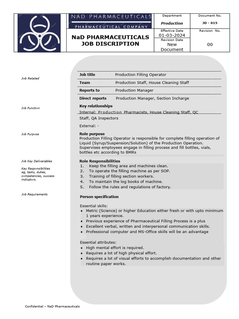 JD-015 Job Discription of Production Filling Operator | PDF | Business