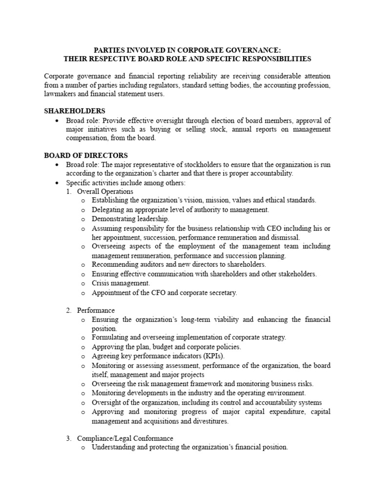 Roles of Parties Involved in Corporate Governance | PDF | Audit ...