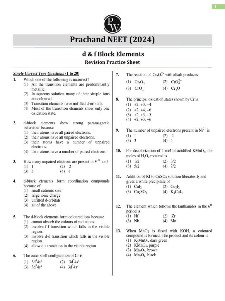 NEET 2024 d-Block Elements Practice | PDF | Transition Metals | Materials