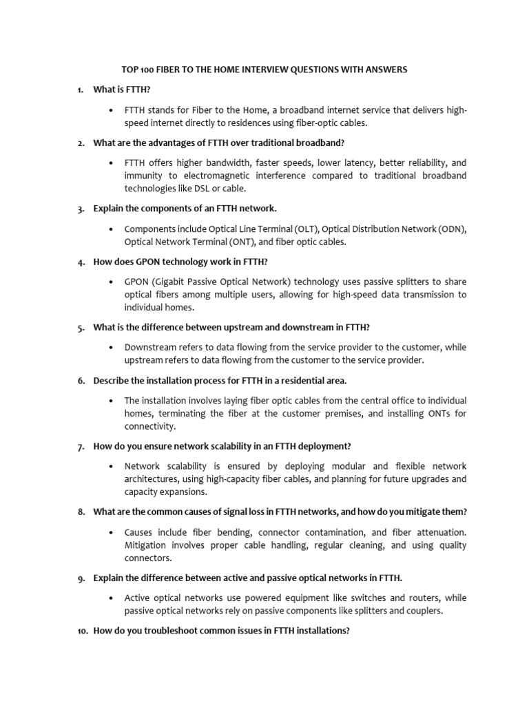 Top 100 Fiber To The Home Interview Questions With Answers PDF