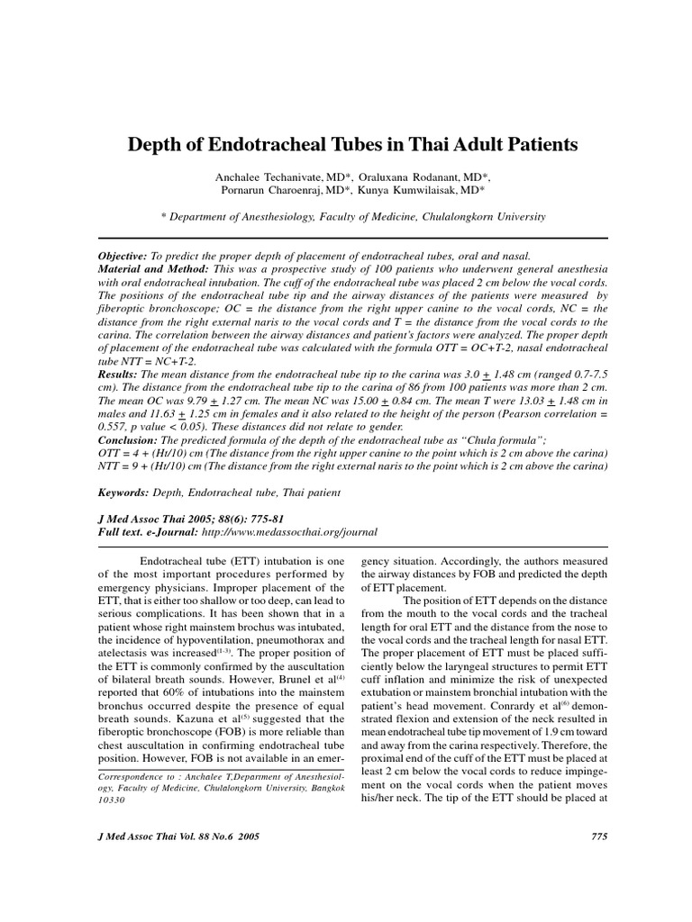 Endotracheal Tube Depth in Thai Adults | PDF | Intensive Care Medicine ...