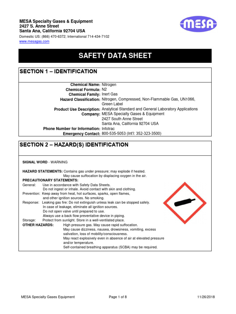 Nitrogen SDS | PDF | Oxygen | Firefighter