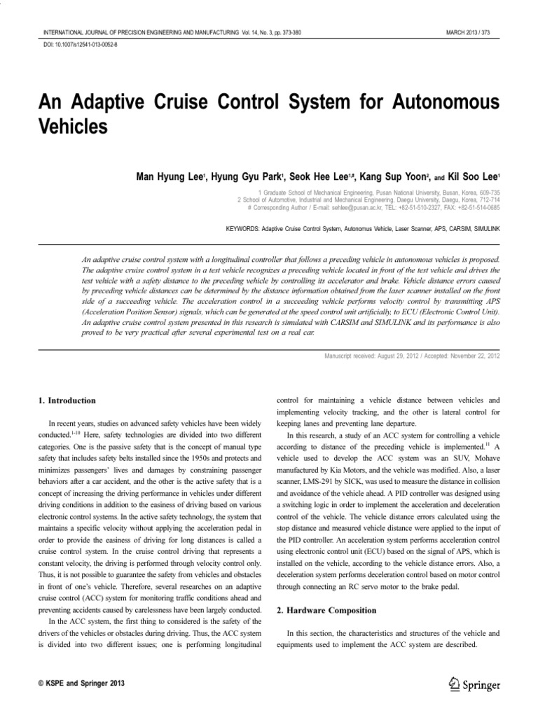 Adaptive Cruise Control for Autonomous Vehicles | PDF | Acceleration ...