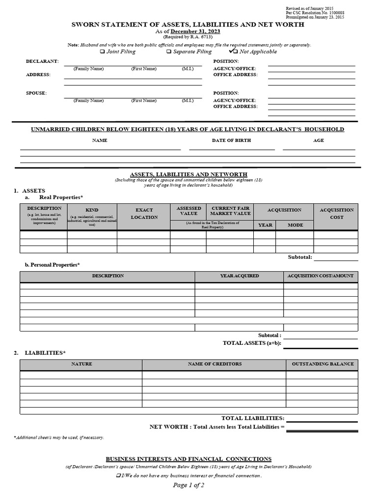 Saln Form 2023 | Download Free PDF | Net Worth | Money