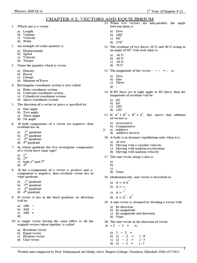 1st year mcqs pdf euclidean vector torque