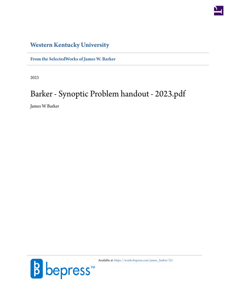 Barker - Synoptic Problem Handout - 2023 | PDF | Gospel Of Matthew | Jesus