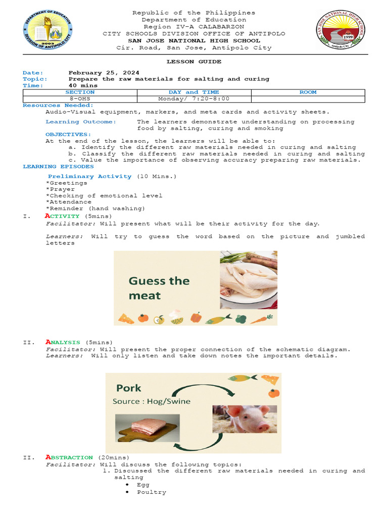 Lesson Plan 6 Food Processing PDF Learning Curing (Food Preservation)