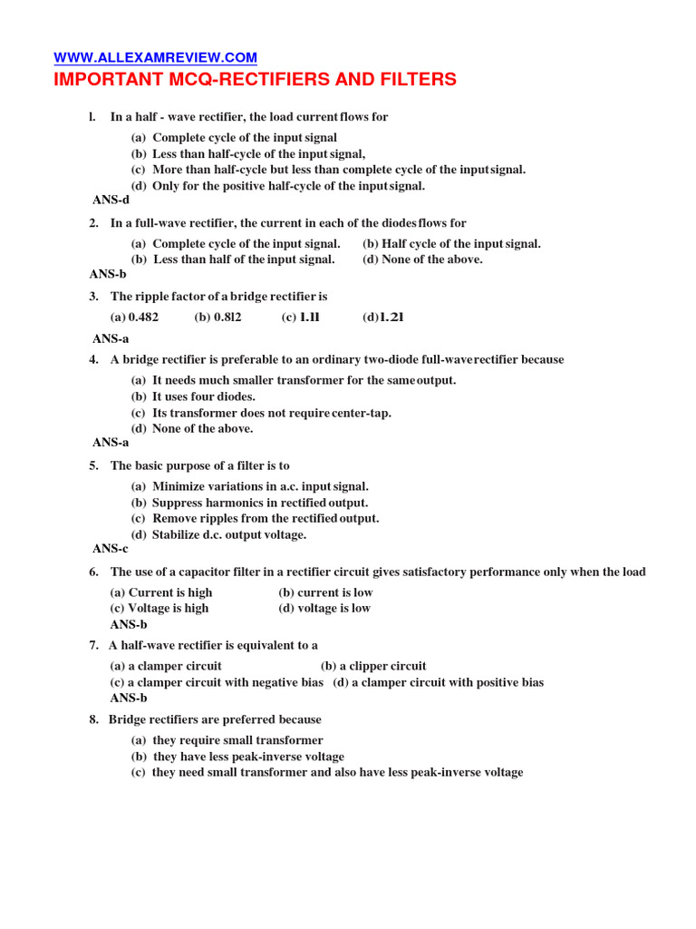 Important MCQ Rectifiers and Filters WWW Allexamreview Com Download