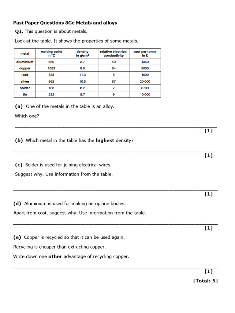 Metals and Alloys Exam Questions | PDF | Metals | Copper