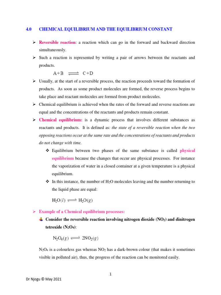 4.0 Chemical Equilibrium | PDF | Chemical Reactions | Chemical Equilibrium