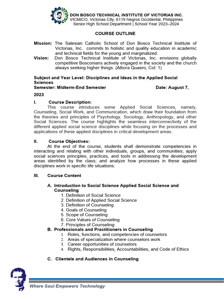 DIASS Course Outline for Grade 12 | PDF | Social Sciences | Counseling ...
