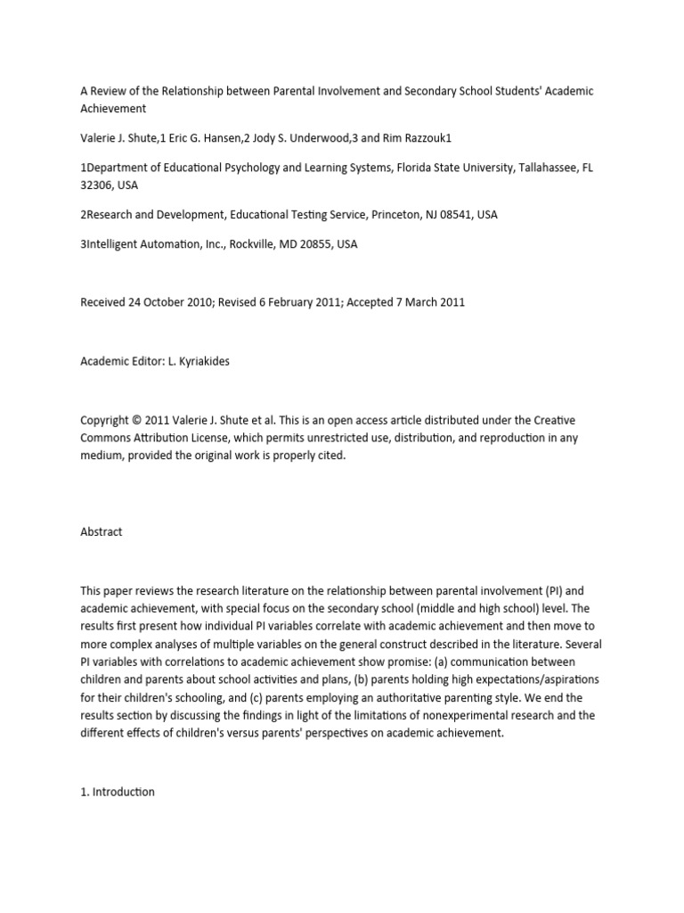 A Review of the Relationship Between Parental Involvement and Secondary ...