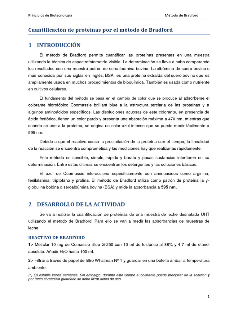 Actividad Método de Bradford PDF Bioquímica Química — free download