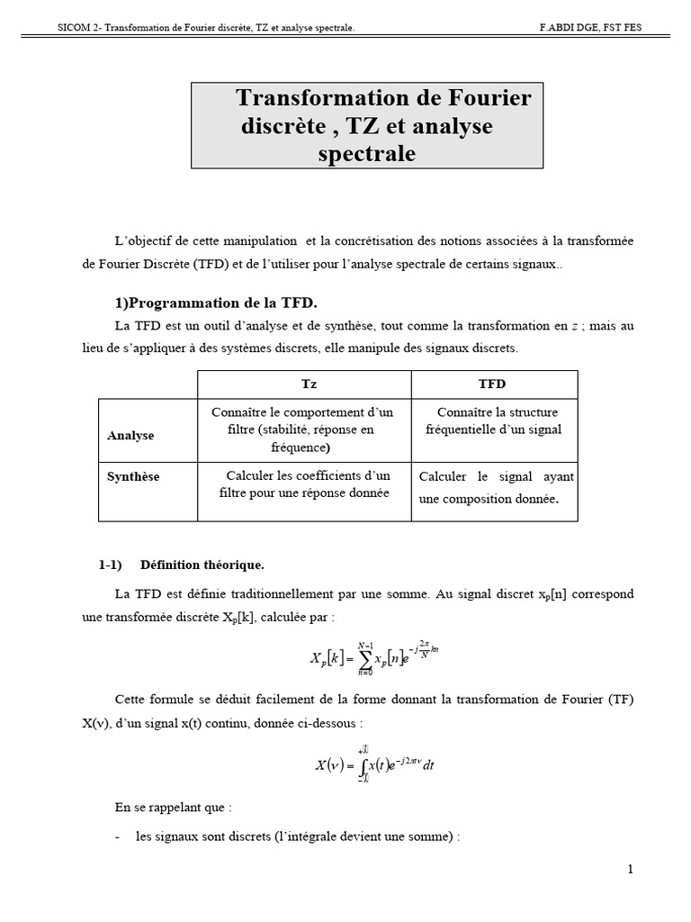 TFD et Analyse Spectrale en Matlab | PDF | Transformation de Fourier ...