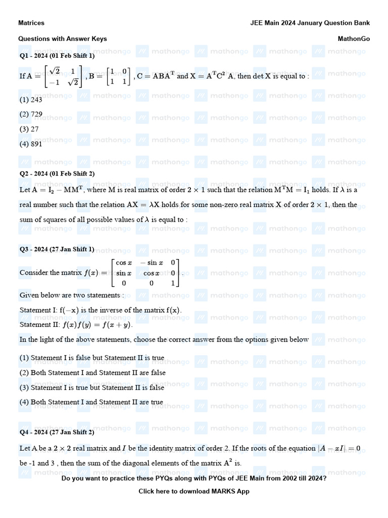 JEE Main 2024 Matrices Question Bank | PDF | Matrix (Mathematics ...
