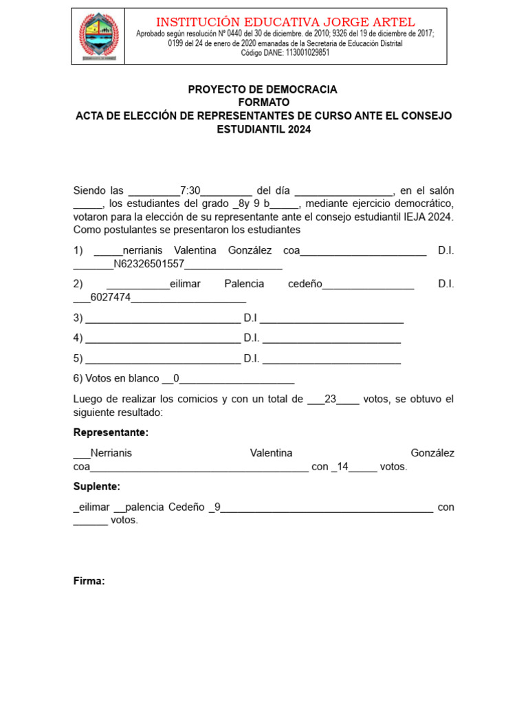 ACTA DE ELECCIÓN DE REPRESENTANTES DE CURSO ANTE EL CONSEJO ESTUDIANTIL ...