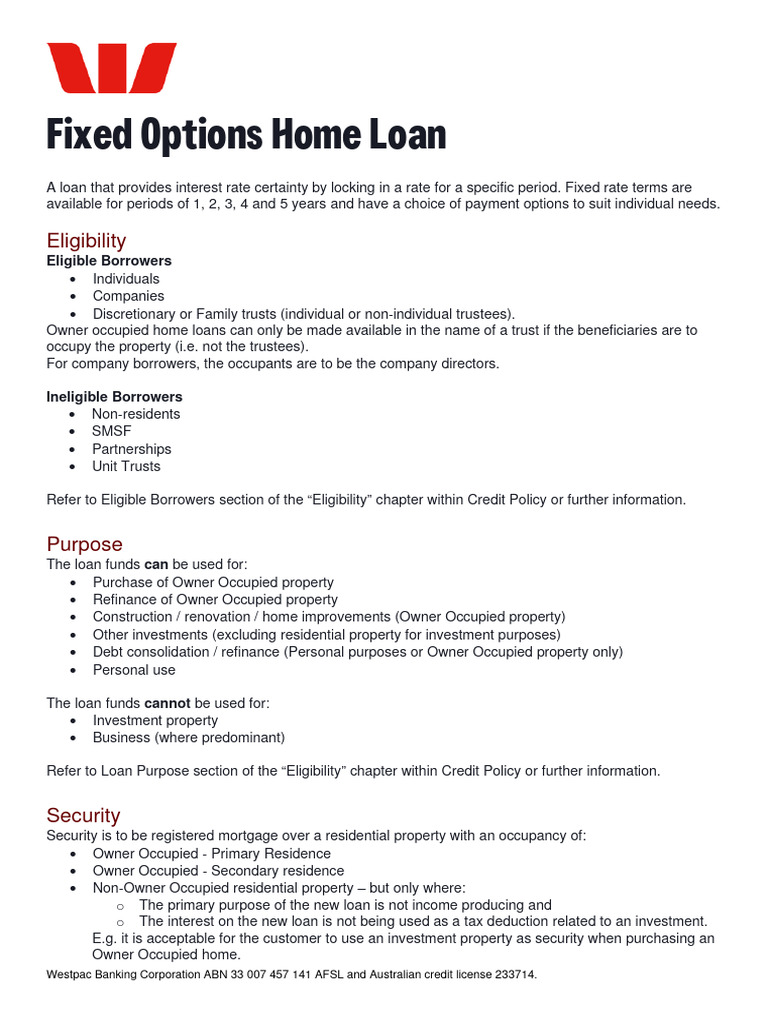 Westpac Fixed Rate Fact Sheet Download Free PDF Loans Mortgages
