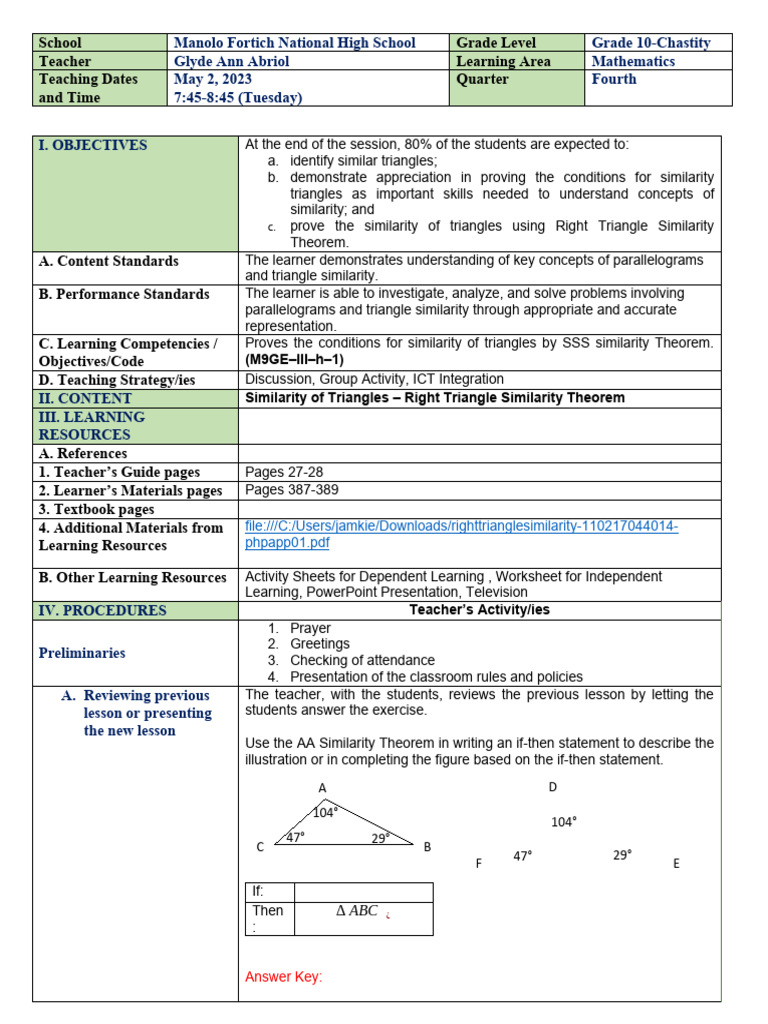 Grade 10 Triangle Similarity Lesson | PDF | Triangle | Learning