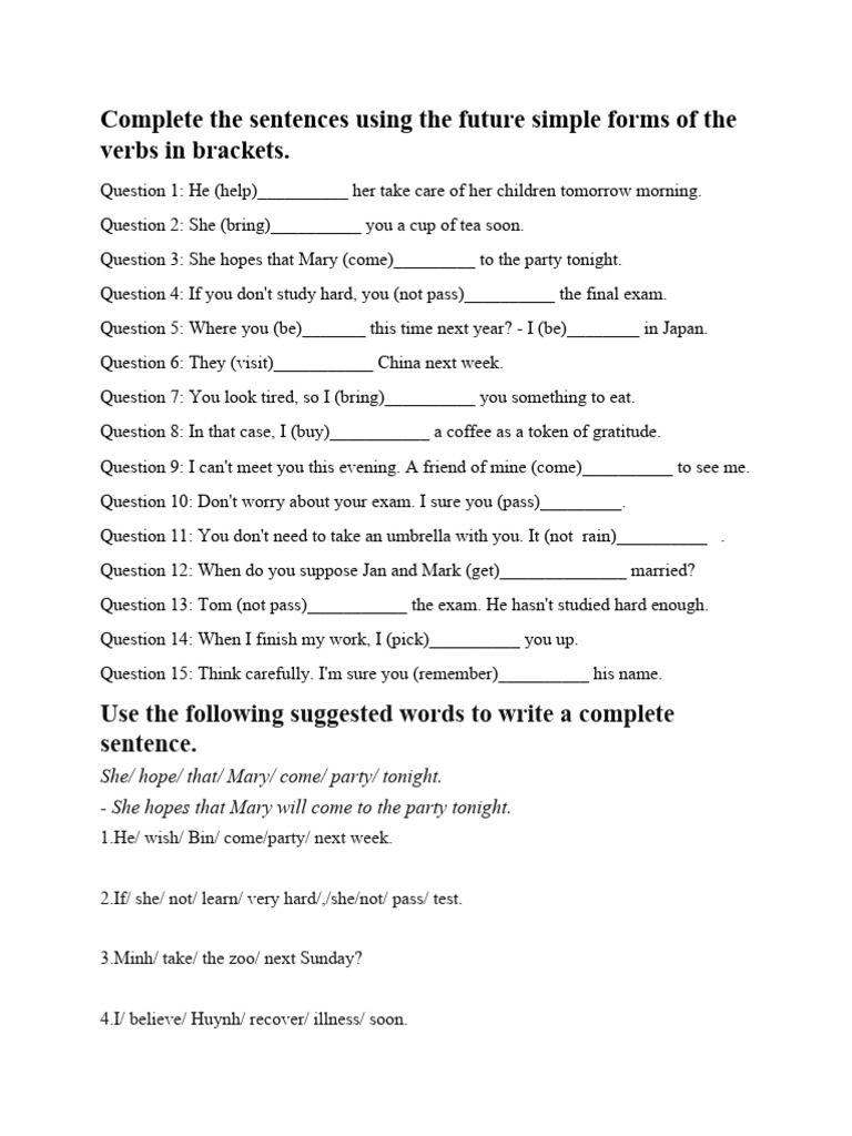 Future Simple Sentence Exercises | PDF