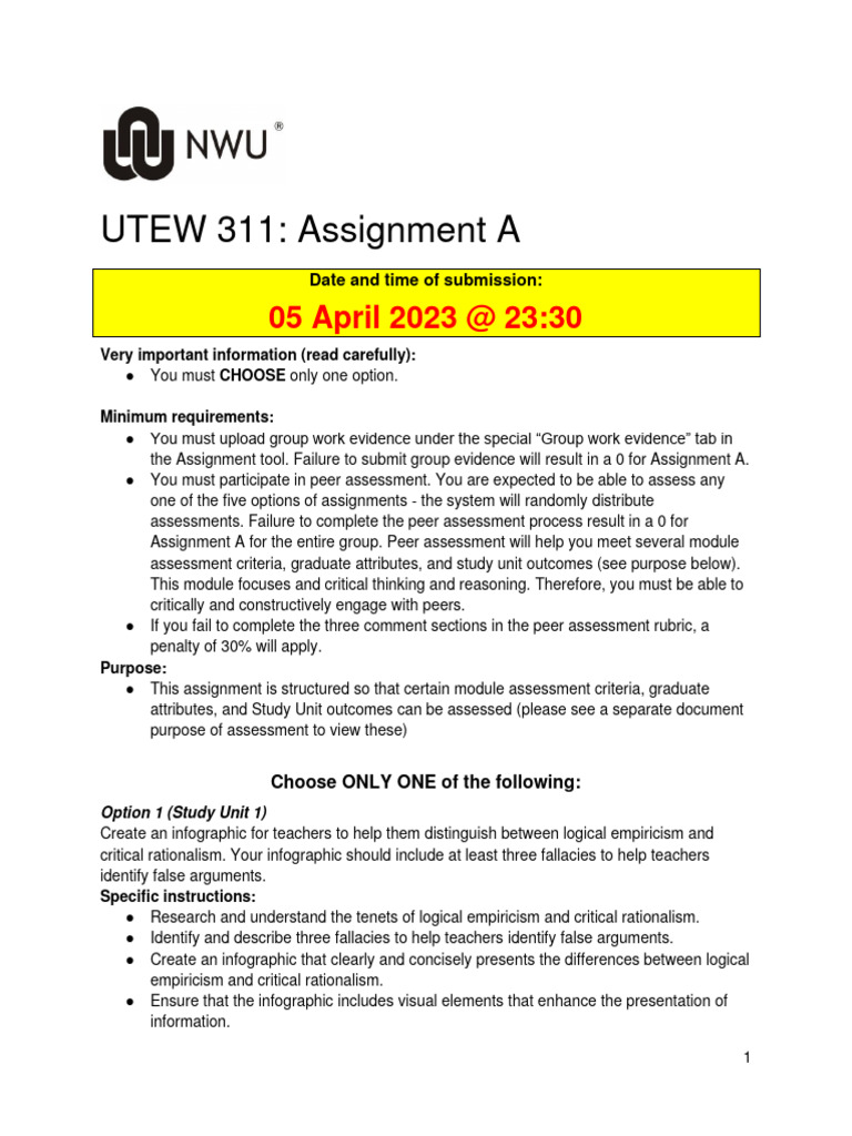 UTEW 311 Assignment A Guidelines | PDF | Rubric (Academic) | Rationalism