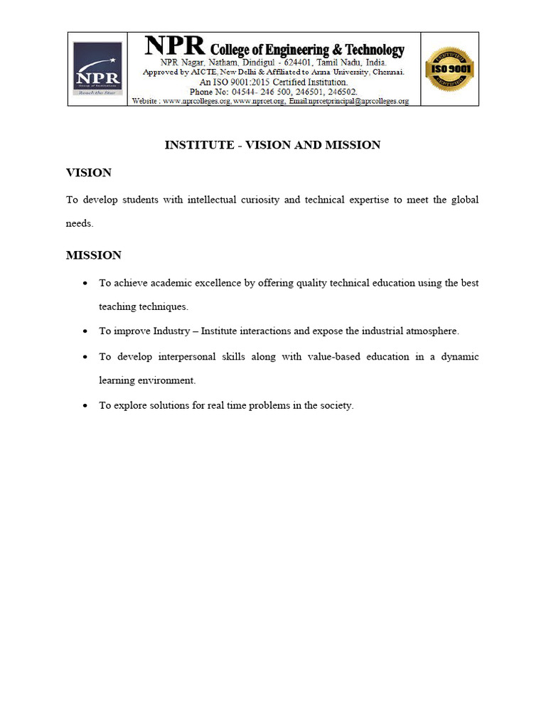 Vision and Mission of Mechanical Engineering | PDF | Engineering ...