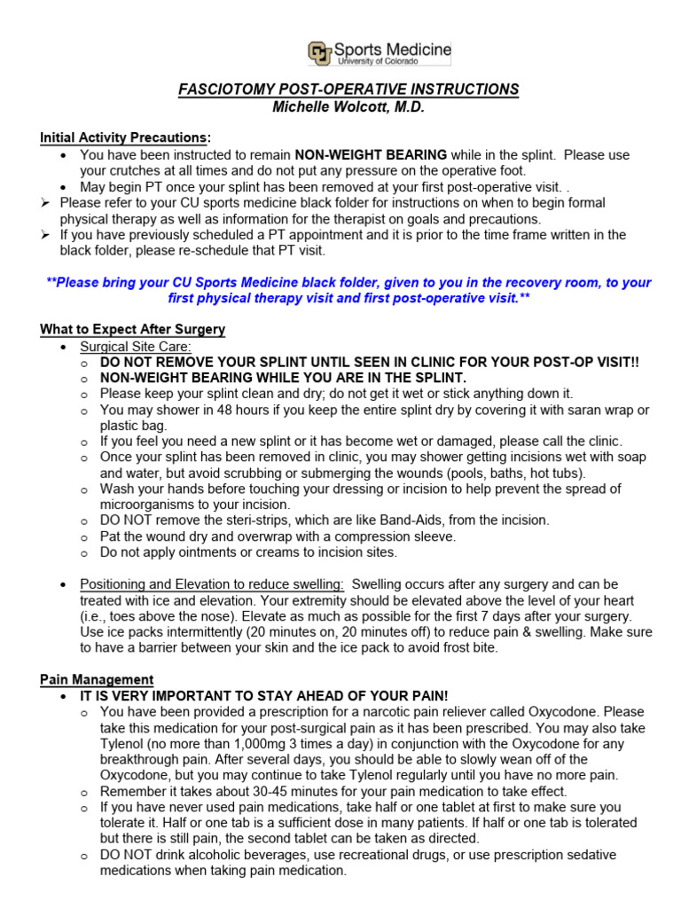 Fasciotomy Post-Op Care Instructions | PDF | Surgery | Analgesic