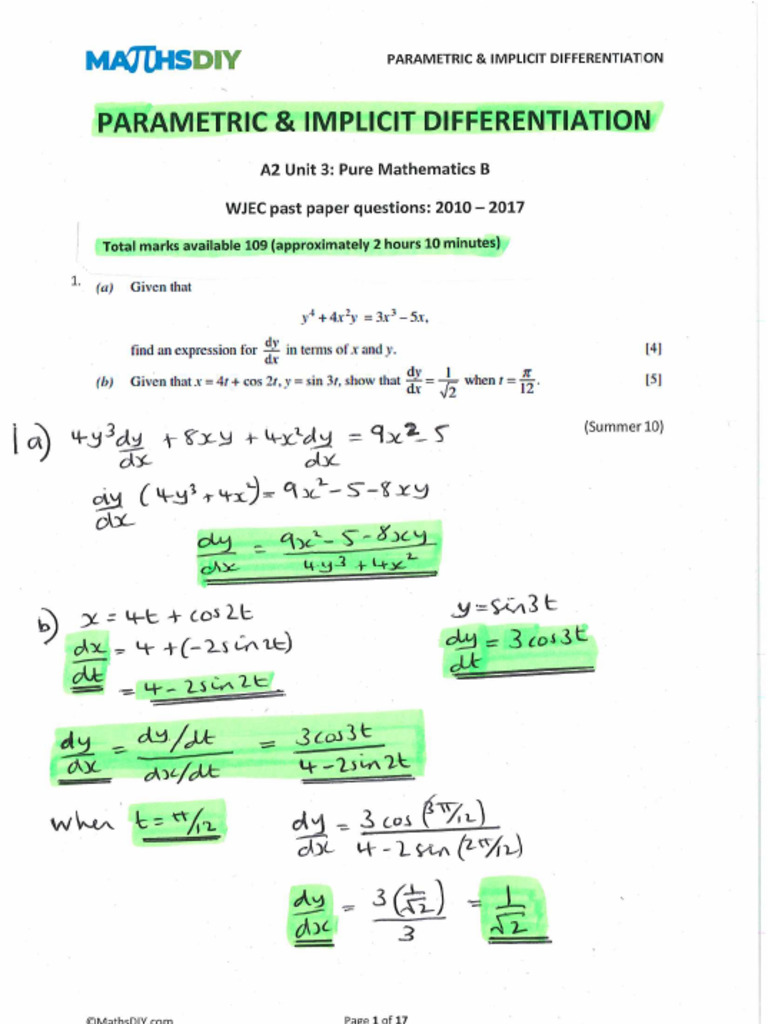 Parametric and Implicit Differentiation SOLUTIONS | PDF